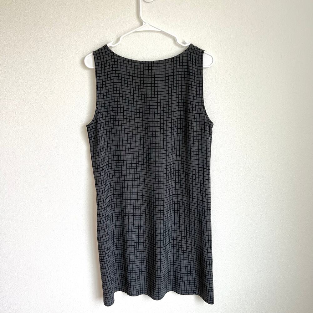 Eileen Fisher 100% Silk Gray and Black Plaid Shift Dress Women's Size Medium
